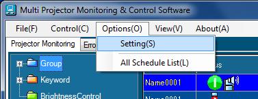 Setting the Option You can make various settings related to this software. 1. Select [Options] [Setting] from the <Projector Monitoring> window (Æ page 12). 2. The <Setting> window will be displayed.