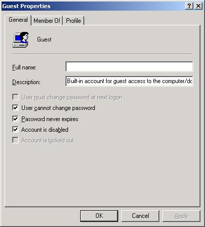 It is now necessary to ensure that all PCs can log into the server easily by enabling the default Guest user in Windows 2000.
