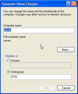 DCN Software Installation Instructions en 20 The Computer Name Changes window appears: It is now necessary to ensure that all PCs can log into the server easily by enabling the default Guest user in