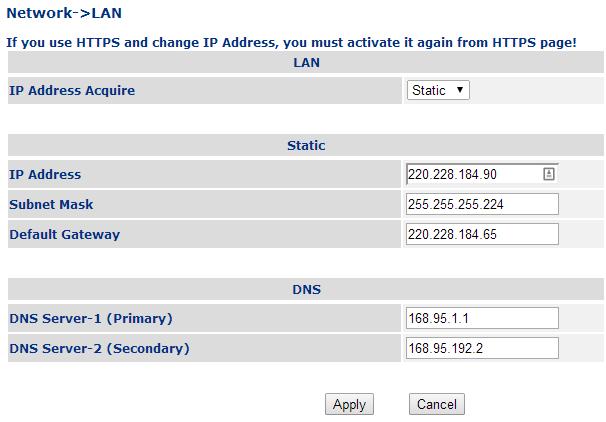 7.3 Network Parameters 7.3.1 Network Configuration parameters Figure 7-3 Network -> LAN screen Note: 1. At least the DNS Server-1 parameter shall be specified in Static IP address configuration mode.