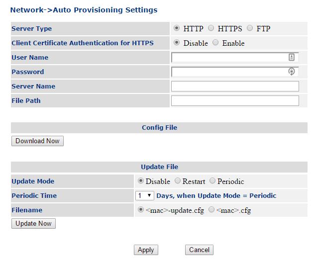 7.3.3 Auto Provision Auto provision screen allows to configure APS (Auto Provisioning Server) server IP address / DNS name and IP Door Phone configuration file name.