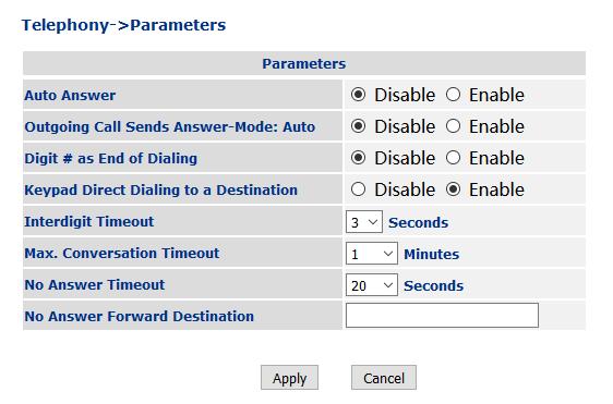7.5 Telephony 7.5.1 Telephony Parameters Figure 7-12 Telephony parameters screen Parameter Auto Answer Digit # as End of dialing Inter-digit Timeout Keypad Direct Dialing to a Destination Max.