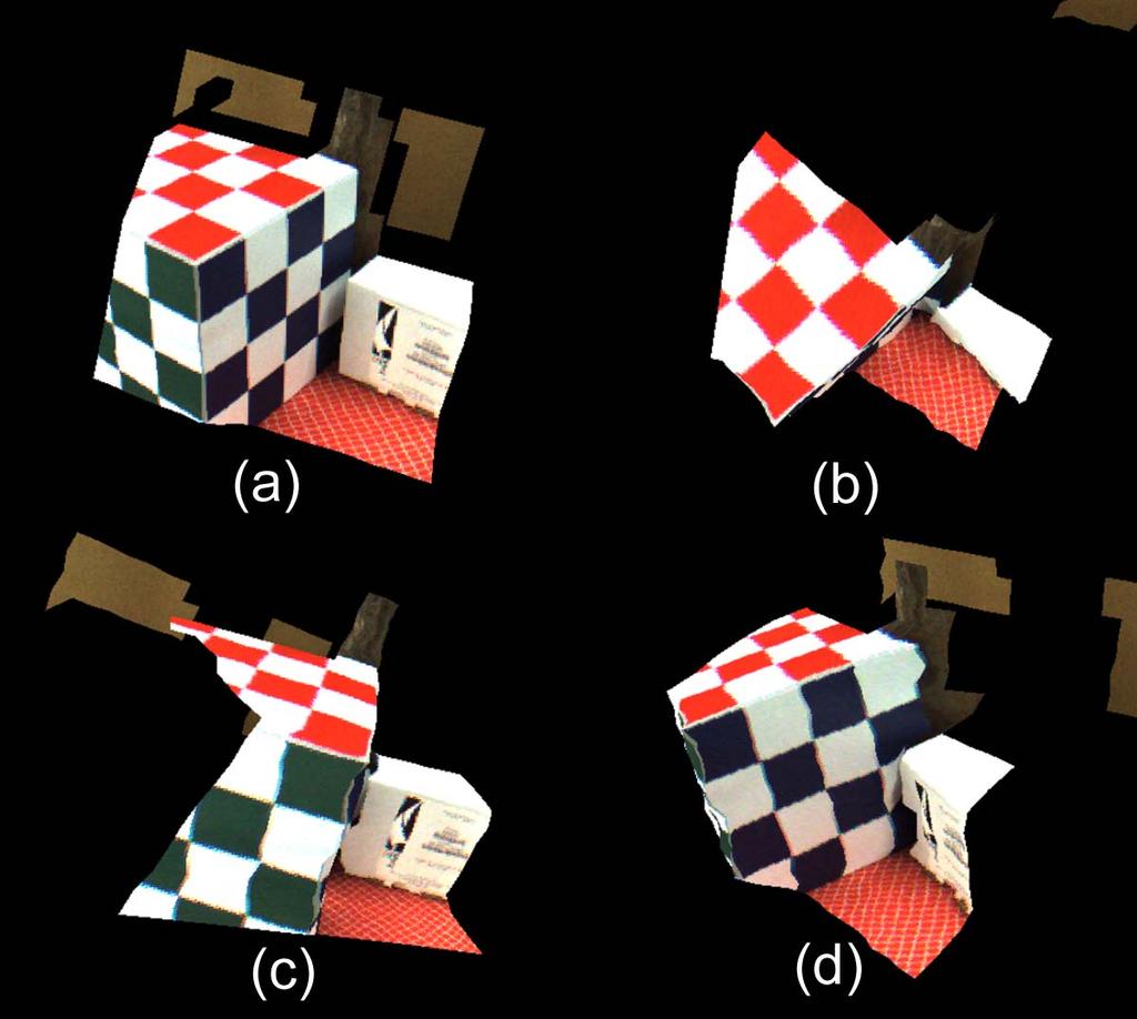 Fig 12 Textured range images: (a) front view, (b) top view, (c) left-side view, (d) right-side view Fig 13 measured object for the 3D mapping: the floor surface textured by a newspaper REFERENCES [1]