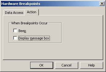 NEC 78k0 Hardware Breakpoint Configuration Action tab When access breakpoint is hit a display message can be shown or you can set a PC to play a sound.