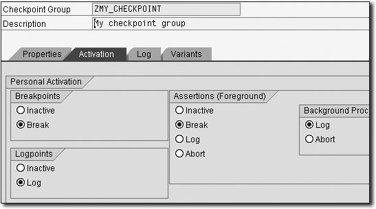 126 Chapter 5 ABAP Debugger Program Usage Figure 5.18 Checkpoint Group When the program reaches an active assertion, it evaluates the corresponding condition or logical expression.