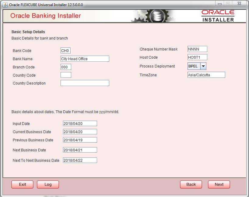 Screen displays basic setup details for bank and branch Bank Code Enter the bank code. Bank Name Enter the bank name. Branch Code Enter the branch code.