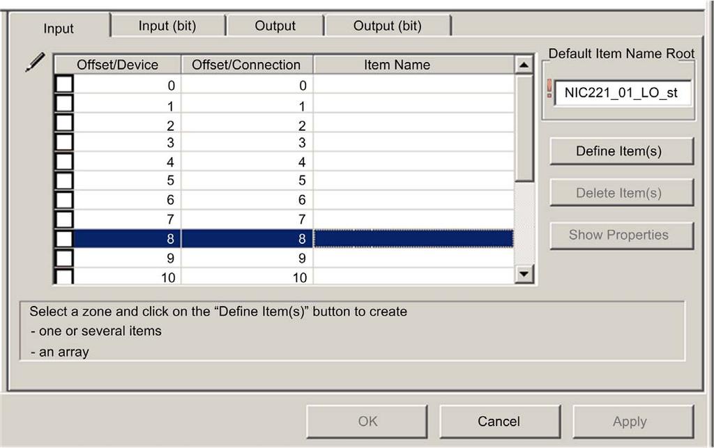 Creating Input Items To create input items for the STB NIC 2212 example, begin with an input data byte containing low byte status for the STB NIC 2212 module: Step Action 1 Select the Input tab to