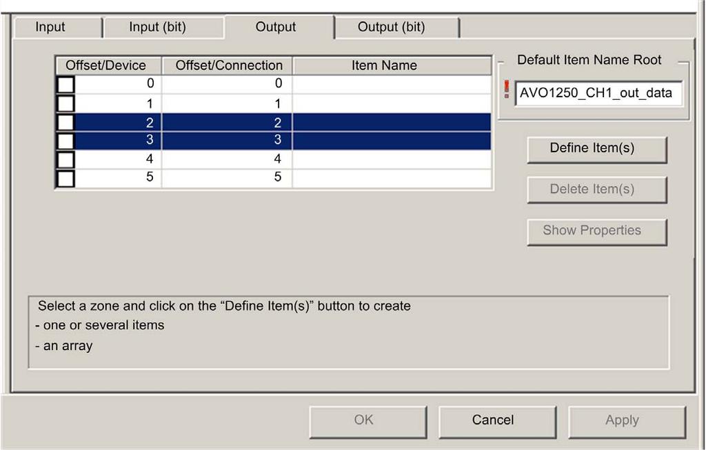 Offset/Connection columns represent the byte address. The items you create will be 16-bit words comprising 2 bytes.