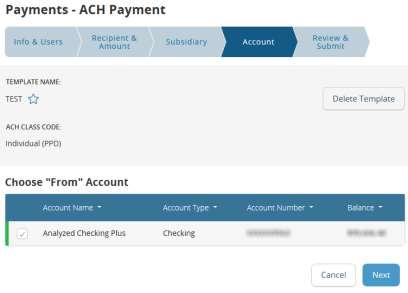 CREATING A PAYMENT FROM A TEMPLATE 4. (Optional) Click or tap Notify icon to send an email notification to recipient when ACH is processed. 5. Enter the amount for the ACH. 6.