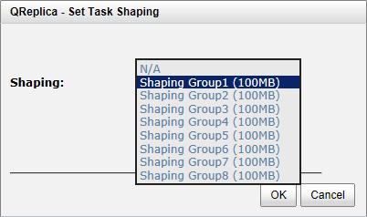 In QReplicas tab, click Shaping Setting Configuration button. 2. Select a Shaping Group to setup. 3. Input the bandwidth (MB) at the Peak time. 4.