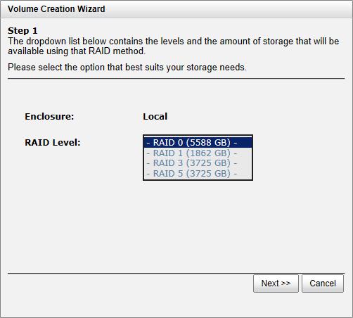 4.2.2 Volume Creation Wizard The Volume Creation Wizard provides a smarter policy to determine all possibilities and volume sizes in the different RAID levels that can be created using the existing