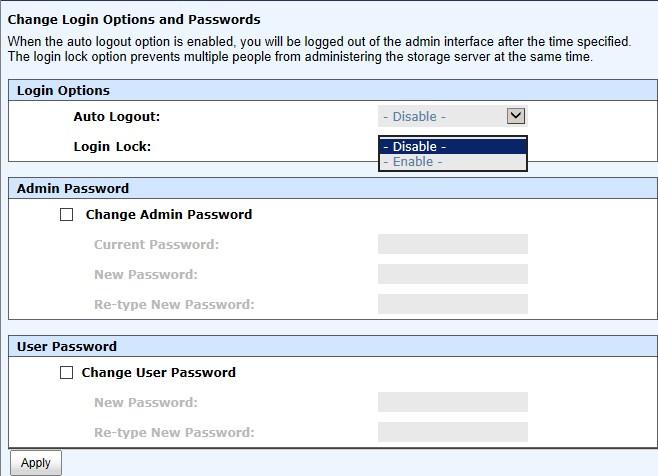 5.2.3 Login Setting The Login Settings tab is used to control access to the storage system. For the security reason, set the auto logout option or set the limit access of one administrator at a time.