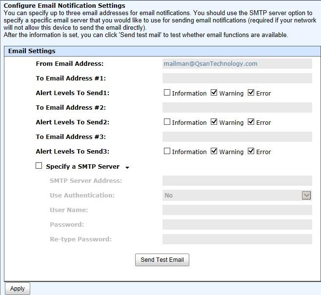 5.2.4 Email Notification Settings The Email Notification Settings tab is used to enter up to three email addresses for receiving the event notifications.