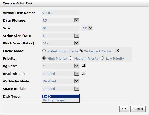 Take an example of creating a virtual disk. 1. Click Create button. 2. Enter a Virtual Disk Name for the virtual disk. 3. Select a Data Storage from the drop-down list. 4. Enter required Size. 5.