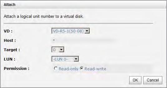 Two VDs, VD-R5-1 and VD-R5-2, were created from RG RG-R5. The size of VD- R5-1 is 50GB, and the size of VD-R5-2 is 64GB. There is no LUN attached. Step 3: Attach LUN to VD.