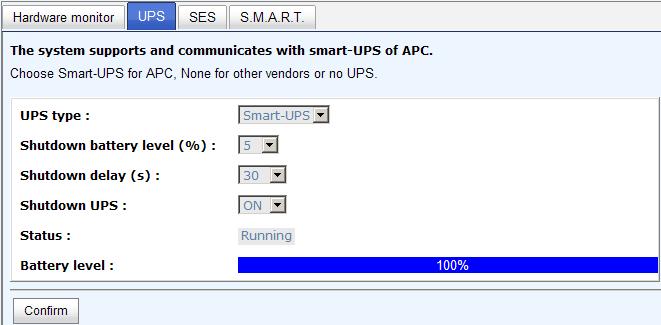 UPS Type Shutdown Battery Level (%) Shutdown Delay (s) Shutdown UPS Status Battery Level (%) Select UPS Type. Choose Smart-UPS for APC, None for other vendors or no UPS.