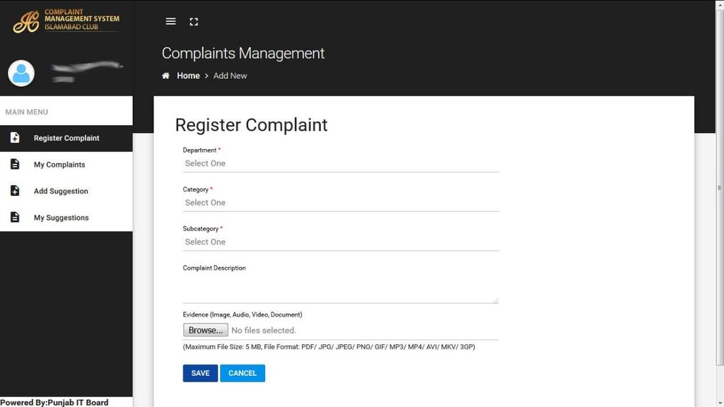 2. Using the Once member is successfully logged in the CMS, he/she can register complaints, add suggestion and manage / track his/her complaints and suggestions.