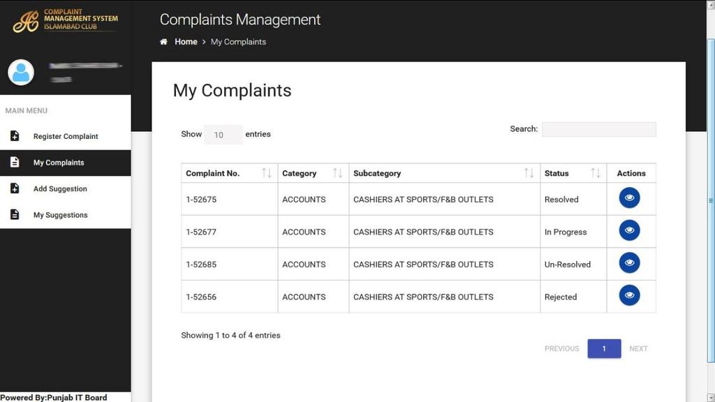 Figure 2-4 My complaints View Complaint Details To view details of a