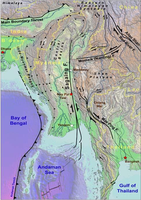 Earthquake risks in Mandalay Mandalay lies along the Sagaing fault in Myanmar Sagaing fault was the cause of 13 of 17 major EQs in the past 172 years and has been mostly