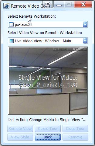 Video Console Control dialog. Click Back to return to the matrix video view.