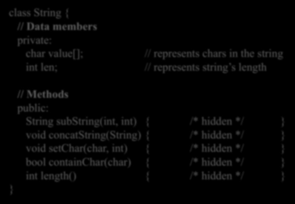 Encapsulation Example (1) Class String class String { // Data members private: char value[]; int len; // represents chars in the string // represents string s length } // Methods public: String