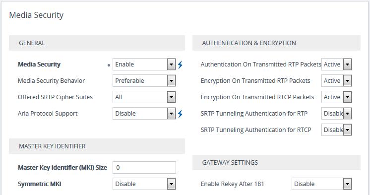 OVR for SIP Trunking 3.4 Step 6: Configure SRTP As the Mediation Server employs SRTP, you need to configure the device to also operate in the same manner. To configure media security: 1.