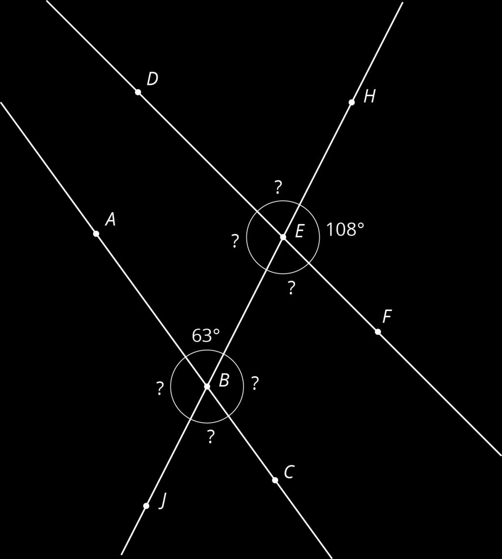 4. The next diagram resembles the first one, but the lines form slightly different angles. Work with your partner to find the six unknown angles with vertices at points and. 5.
