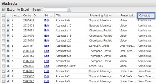 Clarivate Analytics ScholarOne Abstracts Review Administrator Guide Page 7 Sorting Users are sorted by Last Name. To sort by a different column, you may simply click on the column header.