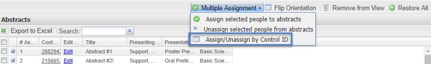 It is possible to assign abstracts to reviewers by Control ID using the Multiple Assignment dropdown option Assign/Unassign by Control ID.