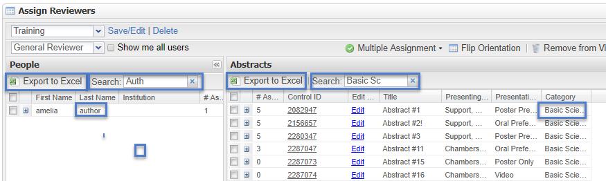 Clarivate Analytics ScholarOne Abstracts Review Administrator Guide Page 31 Also available, is a quick Search feature on both sides of the assigment grids.
