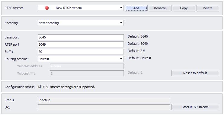 9.3.2 Settings This enables you to adjust the settings for your RTSP streams. RTSP stream Encoding Base port RTSP port Suffix Routing scheme The name of the stream.