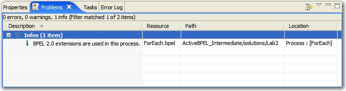 Using ActiveBPEL Extensions Any time a BPEL Process uses an ActiveBPEL extension an information entry is added to the Problems view Serves to inform you that the process contains an extension that is