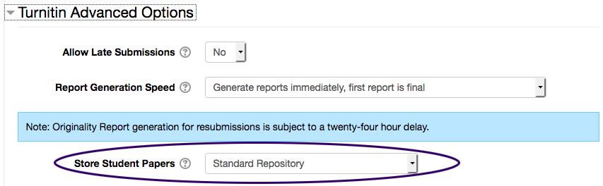 Saving Submissions to the Turnitin Repository Or Not More information about saving to the repository can be found on page 5 and 6 of the Moodle manual at: http://guides.turnitin.