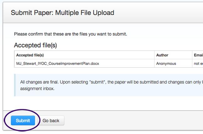 10. Confirm that these are the files you want to submit and click the "Submit" button (see image below).