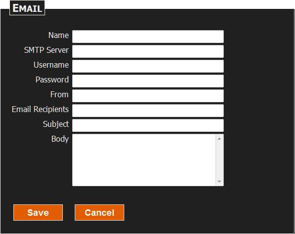 APPENDIX K: CREATE RULE Parameter settings: Name Sender name. SMTP Server Email SMTP server address. Username/password Username and password for access to the SMTP server. From Sender email address.
