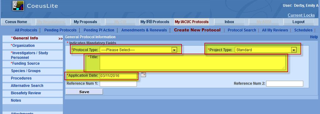 o CREATING THE PROTOCOL SHELL To create a new IACUC Protocol record in Coeus Lite you need to enter a few basic details in order to create and save the protocol record.