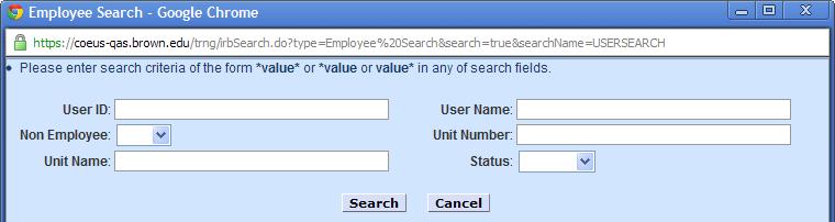 Enter the search criteria for the user you want to add in the Employee Search Window and click on the [SEARCH] button.