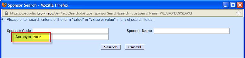 c. In the Sponsor Search Results Window, click on the name of the Sponsor
