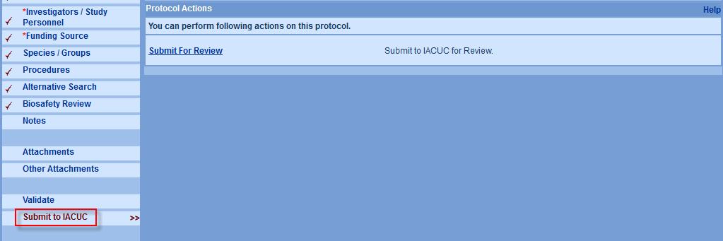 2. Click on the SUBMIT FOR REVIEW link located in the Protocol Actions Screen. The Validations will run again, but should be passed unless there are warnings. Click on the [OK] button to continue.