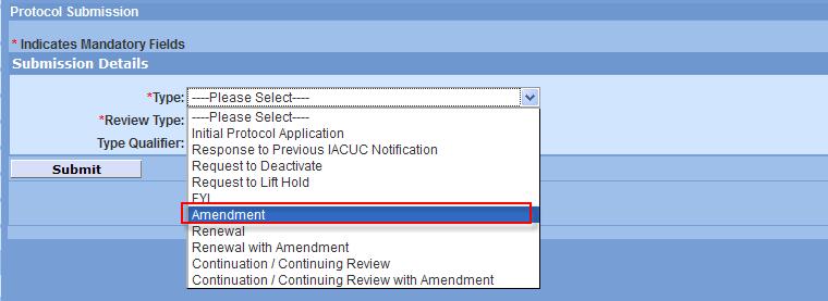 Click on the SUBMIT FOR REVIEW link located within the Protocol Actions Screen. Validations will run for the Amendment submission. 3. Fix all red errors and review/address the blue warnings.
