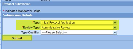 10. Click the SUBMIT FOR REVIEW link in the Protocol Actions Screen. The Protocol Submission Section will open.