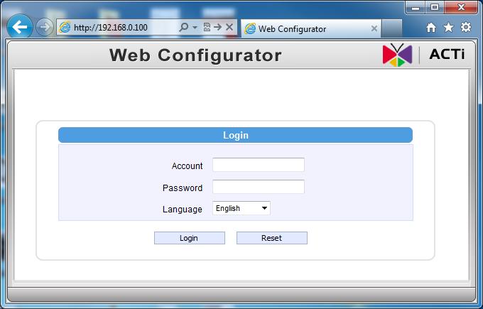 Upon successful connection to the camera, the user interface called Web Configurator would appear together with the login page.