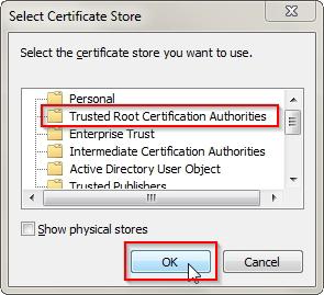 Atsidaro langas Select Certificate Store.