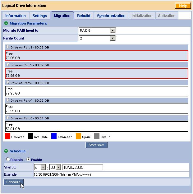 SuperTrak EX8300, EX8350 RAID 6 Upgrade & Primer Scheduled To schedule a Migration or Expansion: 1. Click on the Logical Drive View icon in Tree View. 2.