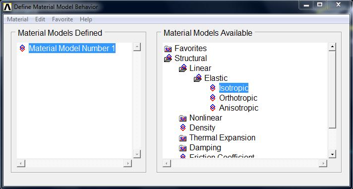 Go to Material Model Number 1 -> Structural -> Linear -> Elastic -> Isotropic.