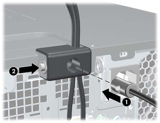 7. Insert the plug end of the security cable into the lock (1) and push the