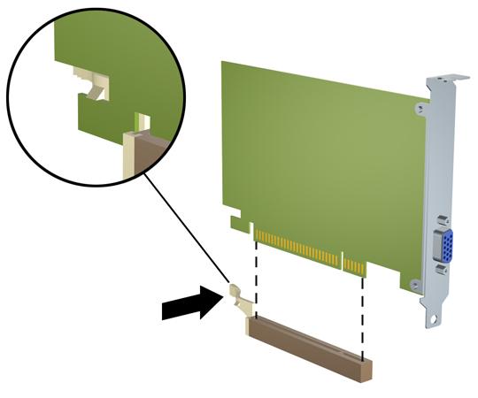 c. If you are removing a PCI Express x16 card, pull the retention arm on the back of the expansion socket away from the card and carefully rock the card back and forth until the connectors pull free