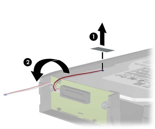 3. Remove the adhesive strip that secures the thermal sensor to the top of the hard drive (1) and move the thermal sensor away from the carrier (2).