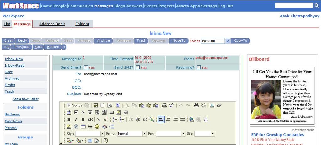 18 DreamApps WorkSpace: A Guide to Demo Site Messages This module integrates the entire messaging infrastructure, including internal messages, email and SMS.
