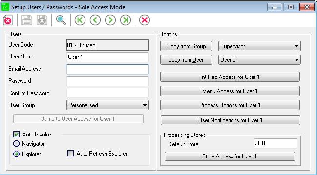 Select Setup > User and Paswords > Users, type in the Supervisor password The Setup User/Passwords screen will display, select the magnifying glass, a